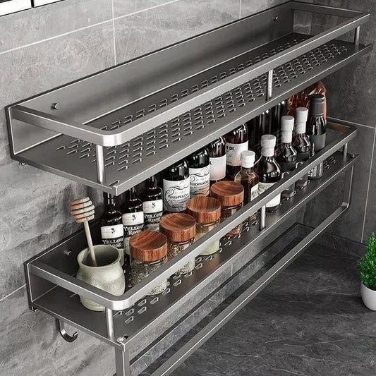 Aluminum Kitchen Shelf Wall Mounted Spice Organizer Rust and Moisture Resistant Bathroom Toiletries Storage Racks