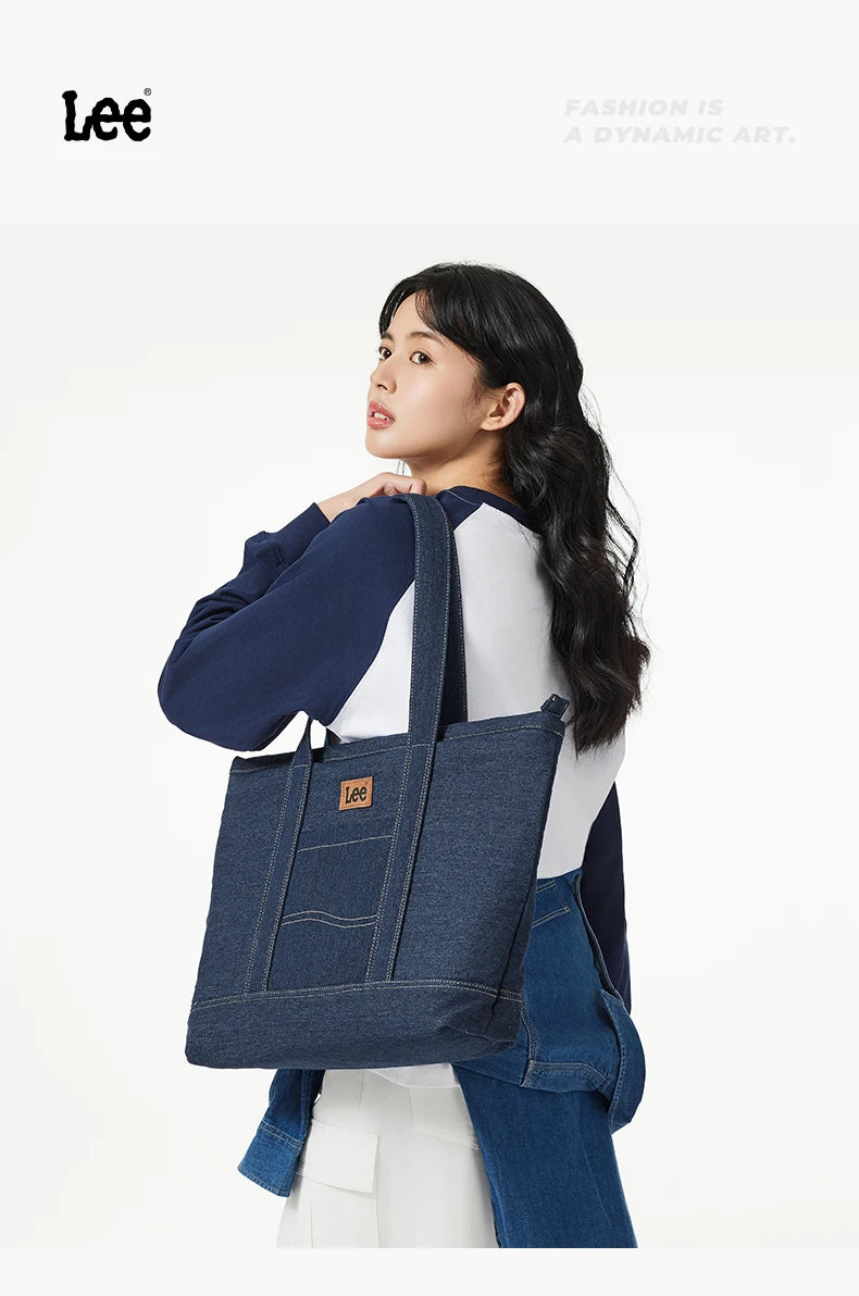 LEE Unisex Utility Canvas Leather Zipper Tote Bag Casual Denim Daily Shopping Handbag Women Men Durable Student School Book Bag