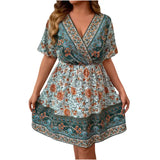 Vestido feminino solto com decote em v estilo étnico, vestido de manga curta, estampado com flores, moda casual, primavera, verão, plus size