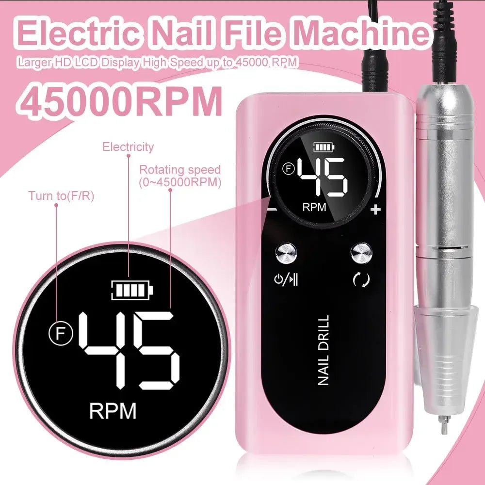 2024 Original 45000RPM Rechargeable Nail Drill Machine with LCD Low Noise Professional Nail Polish Sander Nails Accessories Set