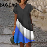 2025 Summer Fashion Plus Size Dresses 6XL Women V-Neck Short Sleeve Mini Dress Casual Daily Gradient Striped Large Size Dress