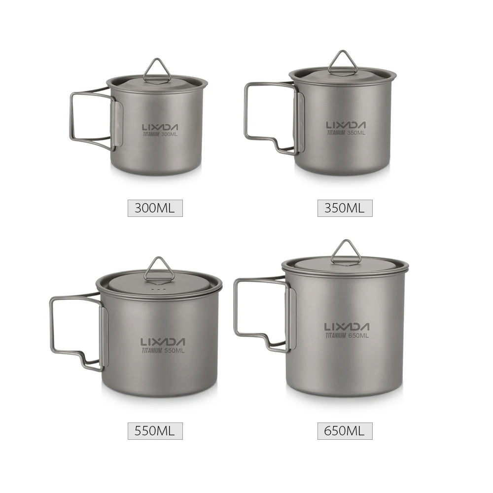 Taza de agua ultraligera de titanio Lixada con asa plegable, portátil para exteriores, camping, picnic, 300 ml/350 ml/550 ml/650 ml