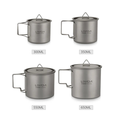 Taza de agua ultraligera de titanio Lixada con asa plegable, portátil para exteriores, camping, picnic, 300 ml/350 ml/550 ml/650 ml