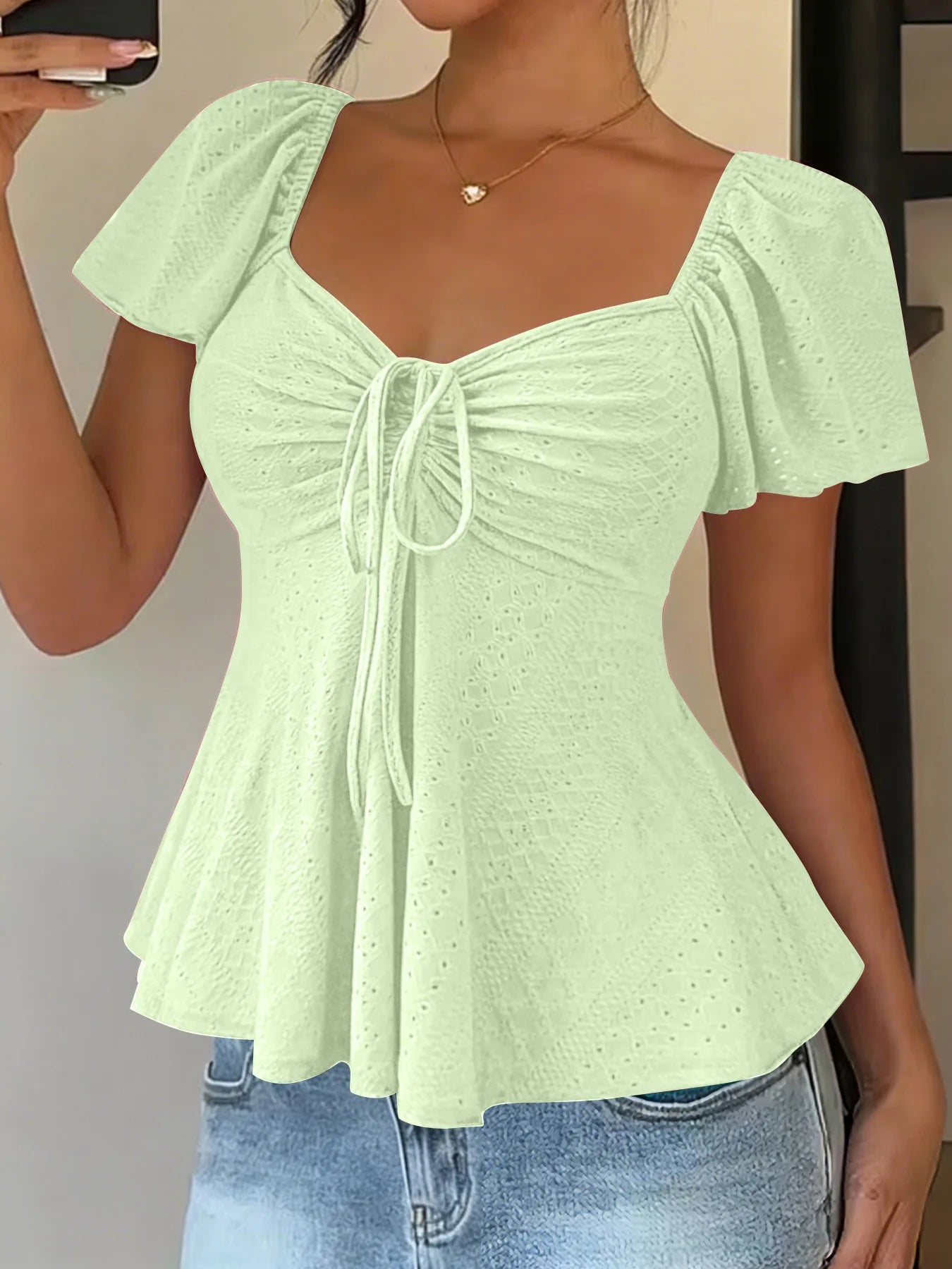 2026 Women Y2k Summer Tops V-Neck Drawstring Sexy Lace Up Short Sleeve Solid Color Shirts Female Elegant Casual Fashion Blouses