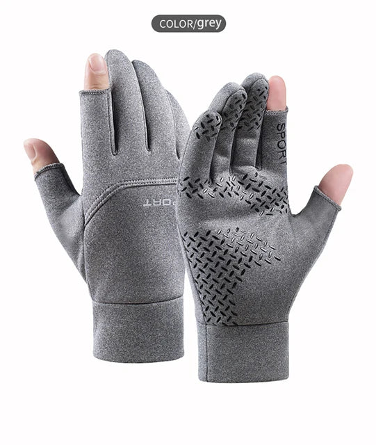 Luvas dos homens de pesca de inverno Mulheres ciclismo luvas antiderrapantes quentes para esportes de pesca Touch Screen Two Fingers Cut Outdoor Angling