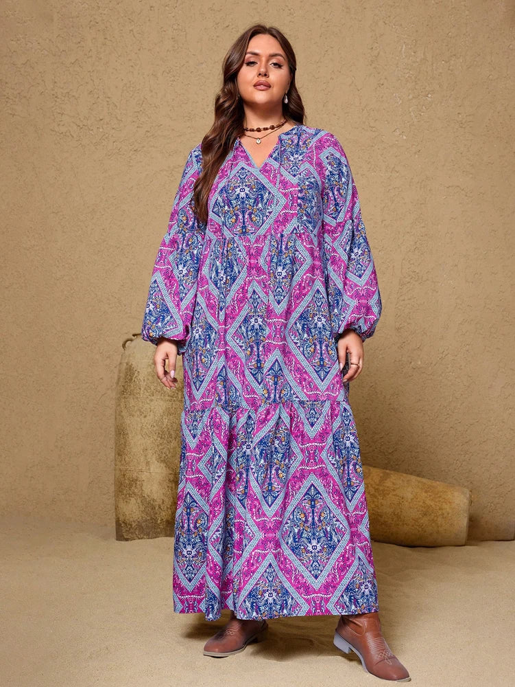 Plus size 2025 novo feminino com decote em v roxo casual impresso vestido longo casual solto poliéster manga longa pulôver