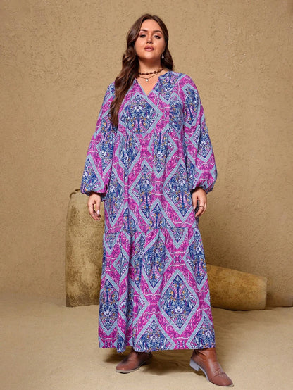 Plus size 2025 novo feminino com decote em v roxo casual impresso vestido longo casual solto poliéster manga longa pulôver