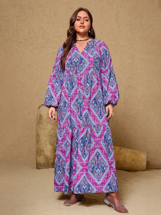 Plus size 2025 novo feminino com decote em v roxo casual impresso vestido longo casual solto poliéster manga longa pulôver