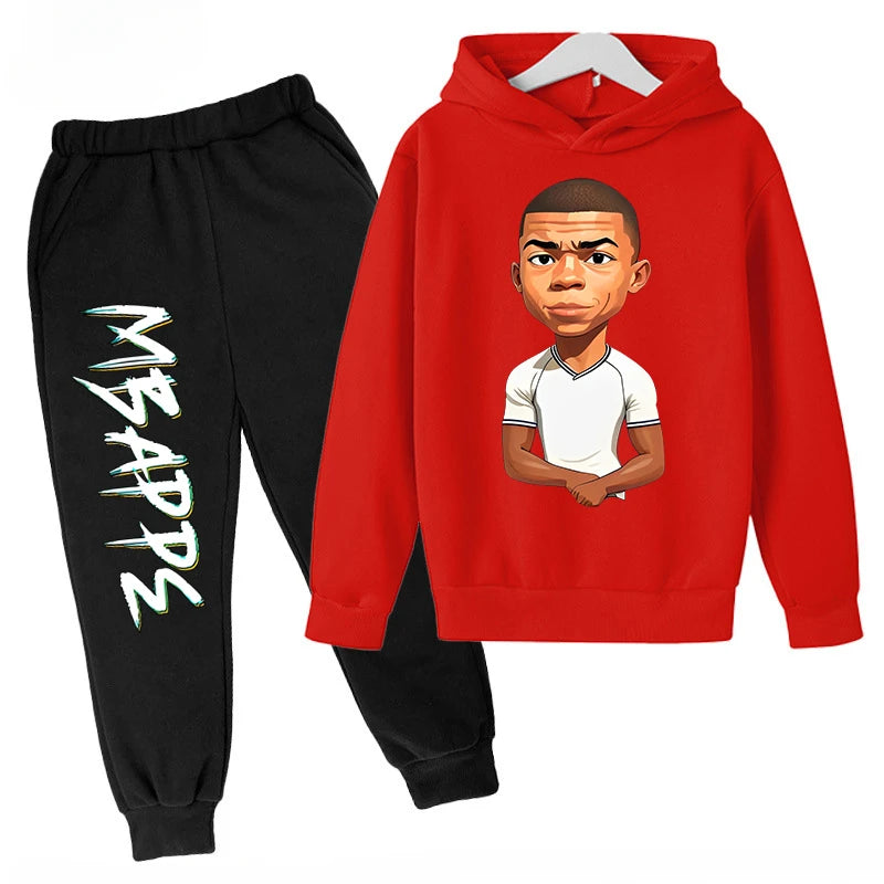 Conjunto de sudadera con capucha para niños, conjunto de sudadera y pantalones con estampado de Mbappe, ropa deportiva de 2 piezas para niños y niñas, primavera y otoño