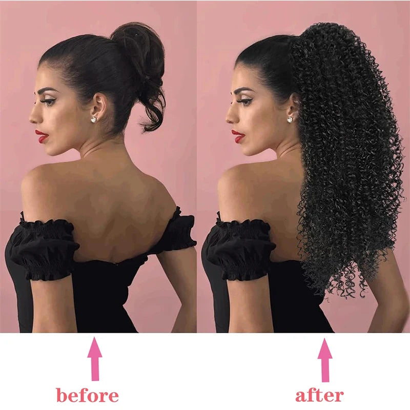 Extensão de rabo de cavalo com cordão sintético, encaracolado profundo, resistente ao calor, clipe instantâneo, afro, peças de cabelo encaracolado para mulheres