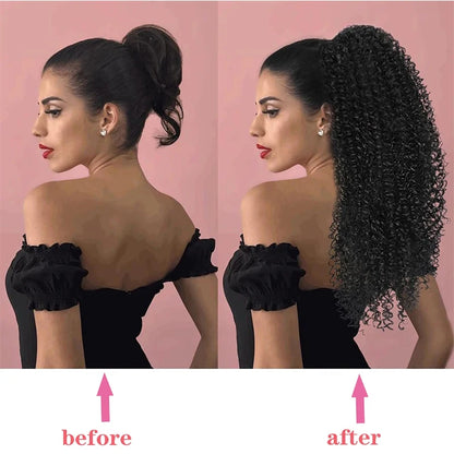 Extensão de rabo de cavalo com cordão sintético, encaracolado profundo, resistente ao calor, clipe instantâneo, afro, peças de cabelo encaracolado para mulheres
