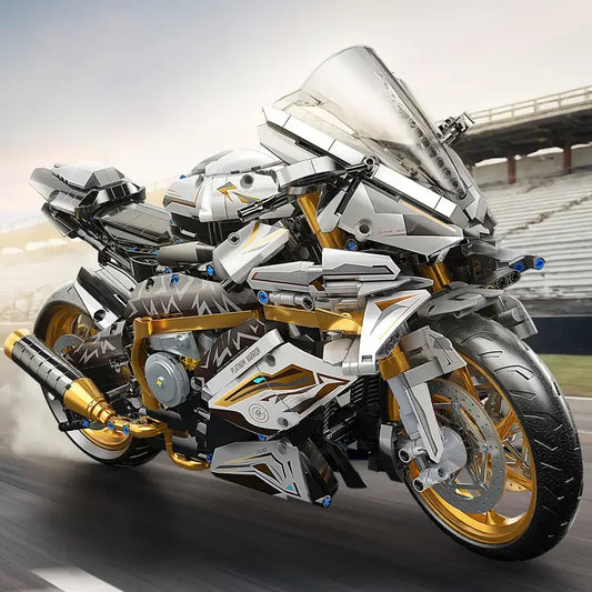 2431 Pieces of White Gold Motorcycle Building Blocks, Easy to Assemble for Ages 14 and Up, Perfect Gift for Birthdays, Christmas, Halloween and New Year Parties