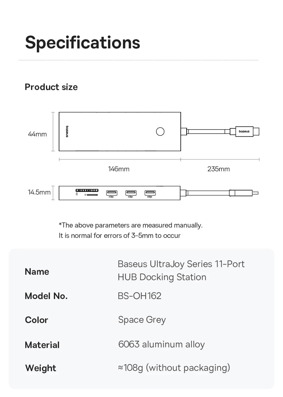Baseus USB Hub DP 4K Dual HDMI Adapter 11 in 1 Splitter RJ45 USB 3.0 PD 100W Docking Station for MacBook Pro Air M2 M1 USB C HUB