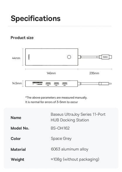Baseus USB Hub DP 4K Dual HDMI Adapter 11 in 1 Splitter RJ45 USB 3.0 PD 100W Docking Station for MacBook Pro Air M2 M1 USB C HUB