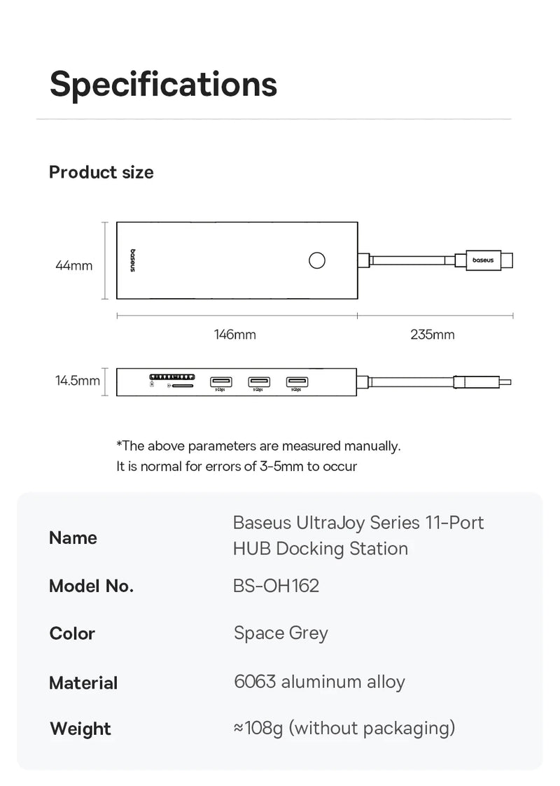 Baseus USB Hub DP 4K Dual HDMI Adapter 11 in 1 Splitter RJ45 USB 3.0 PD 100W Docking Station for MacBook Pro Air M2 M1 USB C HUB