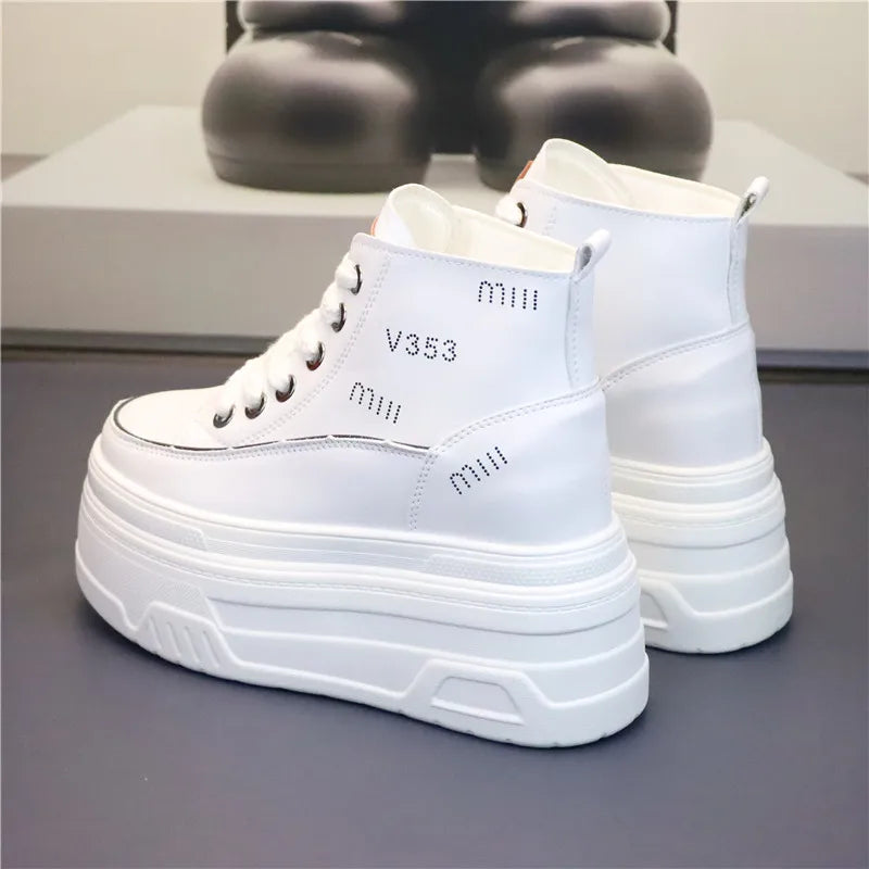 High Top Fashion Sneakers White Chunky Platform Wedge Shoes 12cm 14cm Height Increased Woman Sports Casual Shoe Tennis Female