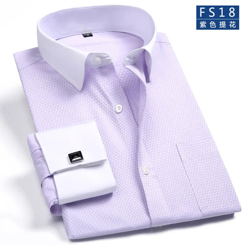 Camisa clásica de vestir para hombre con puños franceses, corte estándar, manga larga, para bodas, fiestas, oficina, trabajo, color blanco