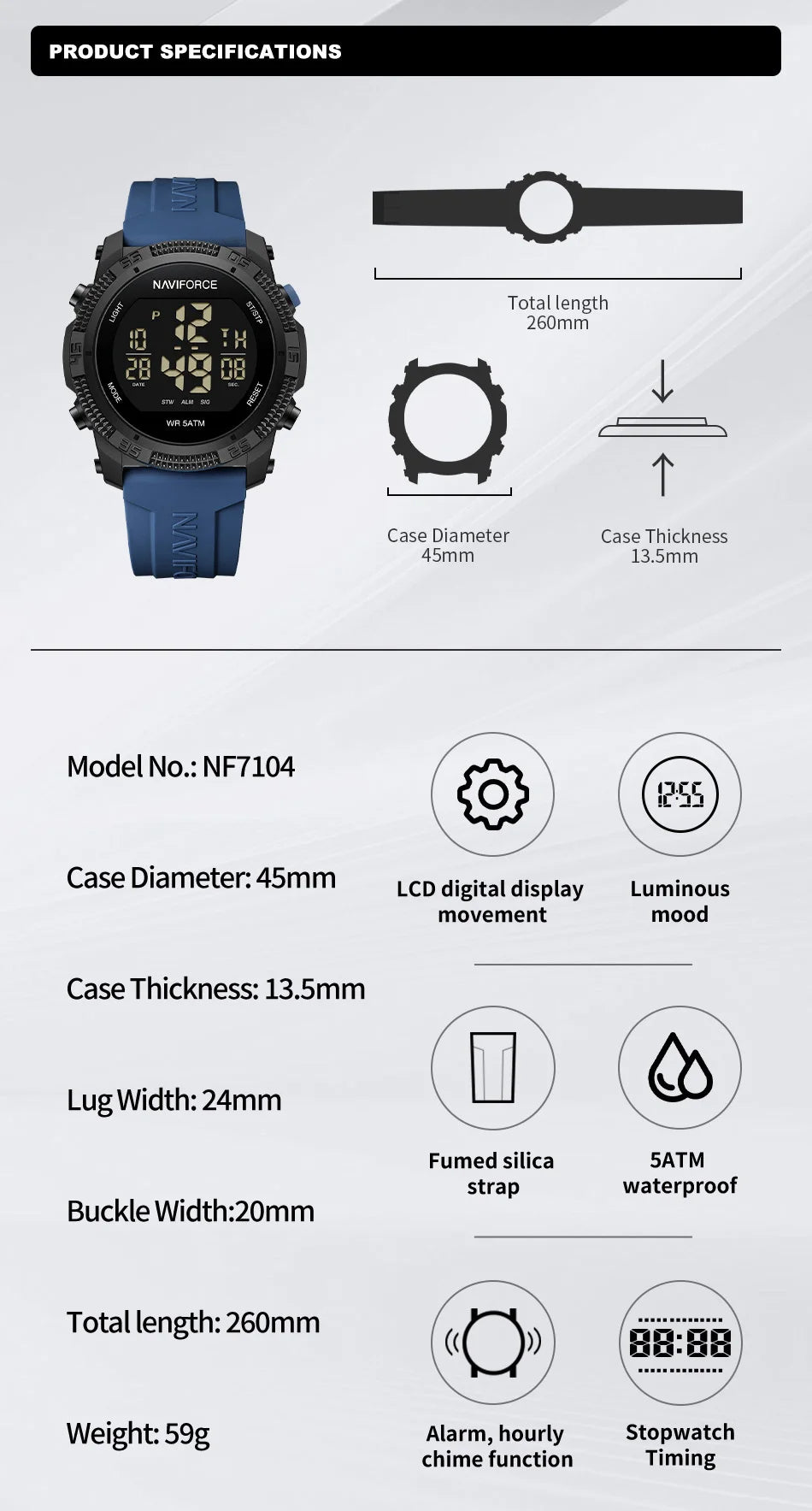 NAVIFORCE - Reloj de pulsera digital LCD para hombre, deportivo, resistente al agua hasta 50 m, con correa de silicona, informal, electrónico