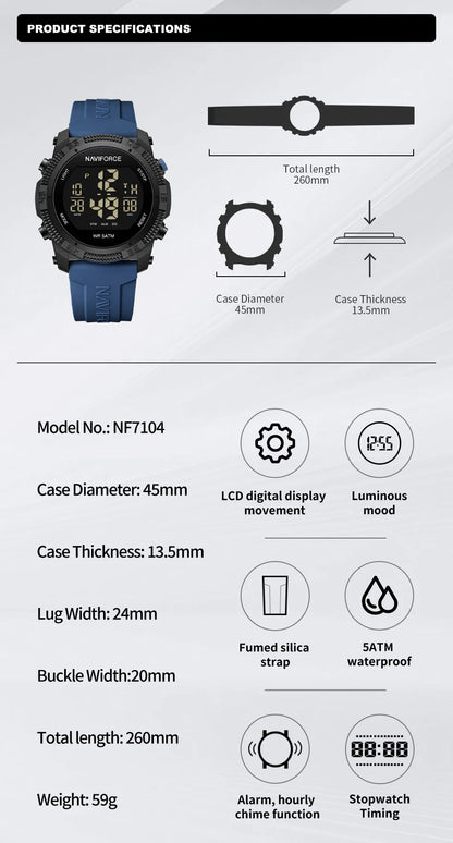 NAVIFORCE - Reloj de pulsera digital LCD para hombre, deportivo, resistente al agua hasta 50 m, con correa de silicona, informal, electrónico