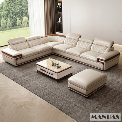 MINGDIBAO Premium Italian Genuine Leather Sofa Set for Living Room with Adjustable Headrests, Bluetooth Speaker, Wireless Charge