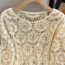 Casual Long Sleeve Elegant cardigan Beading O-neck Chic Vintage Hook Flower Hollow Out Top Plus Size Clothing