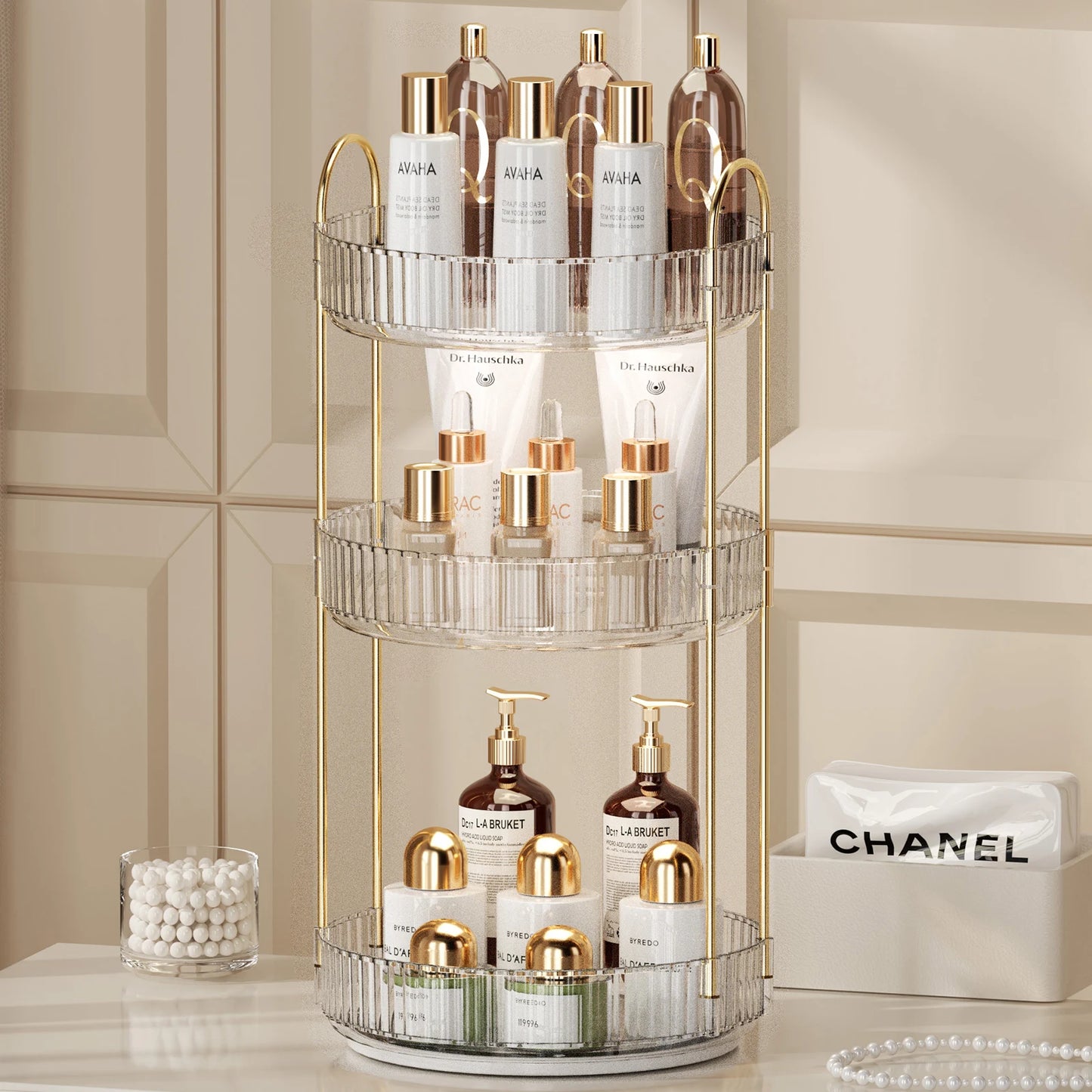 Rotating Makeup Organizer for Vanity 3 Tier Skincare Organizers Large Storage Bathroom Countertop Clear Cosmetic Holder Dresser