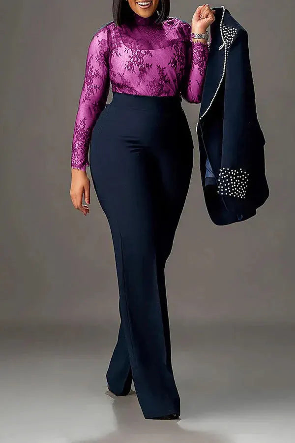 CM.YAYA Conjunto de dos piezas de chaqueta de manga larga y pantalón ancho para mujer, con empalme de perlas, para invierno y otoño de 2024