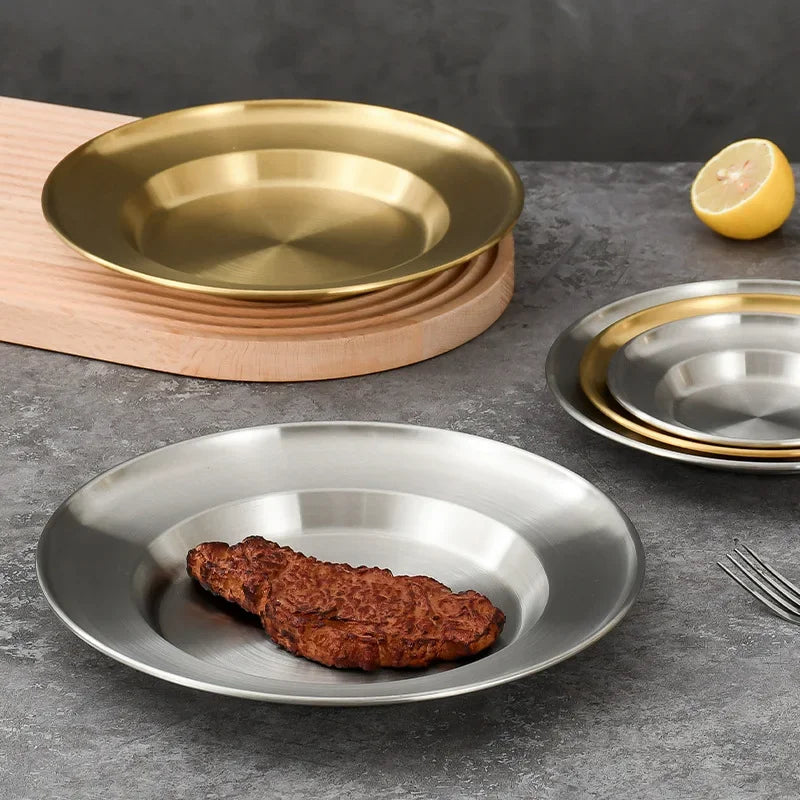 4Pcs Stainless Steel Round Plate Bone Spitting Dish Shallow Tray Metal Camping Plate Dining Disc BBQ Picnic Dishes Cookware