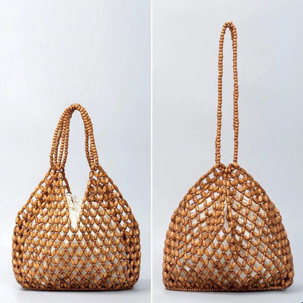 Handmade Woven Beaded Handbag For Women Exquisite Hollow-out Wooden Beaded Shoulder Bag Female Beach Bag