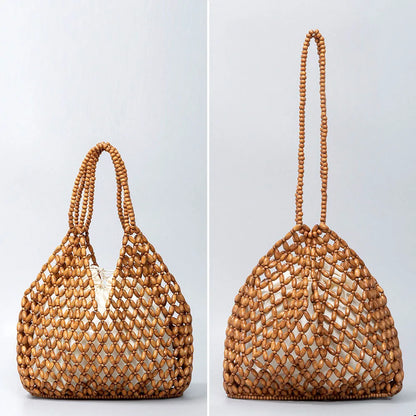 Handmade Woven Beaded Handbag For Women Exquisite Hollow-out Wooden Beaded Shoulder Bag Female Beach Bag