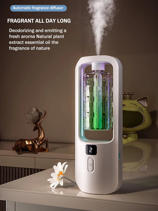 Automatic aromatherapy diffuser for odor elimination, suitable for home use, with essential oil for air freshening.