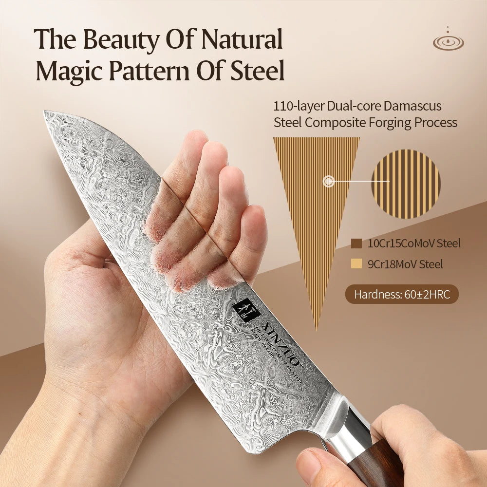 XINZUO Three Pieces Set Kitchen Knives Sets 110 Layers Damascus Stainless Steel 60±2 HRC Professional Set of Knives New Tools