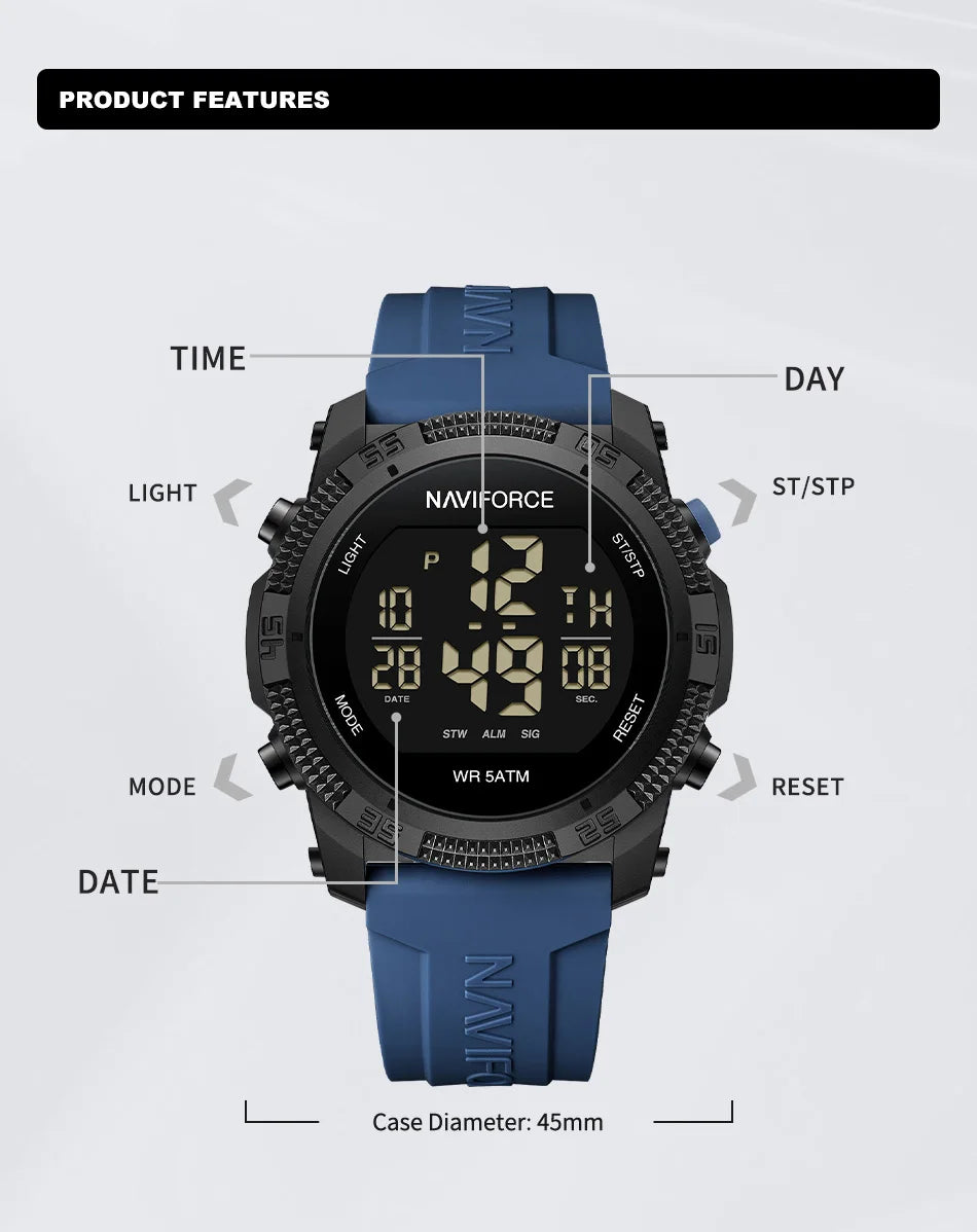 NAVIFORCE - Reloj de pulsera digital LCD para hombre, deportivo, resistente al agua hasta 50 m, con correa de silicona, informal, electrónico