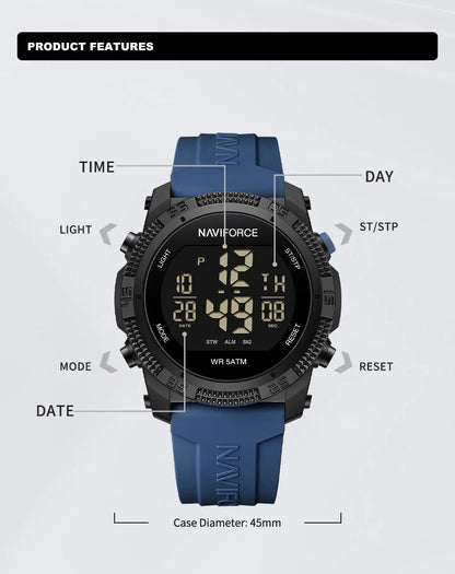 NAVIFORCE - Reloj de pulsera digital LCD para hombre, deportivo, resistente al agua hasta 50 m, con correa de silicona, informal, electrónico