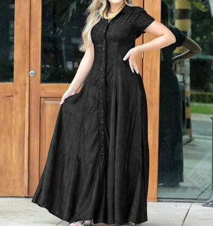 Vestido maxi jeans de um só peito feminino, vestido monocromático, manga curta, lapela, balanço diário, moda verão, 2023