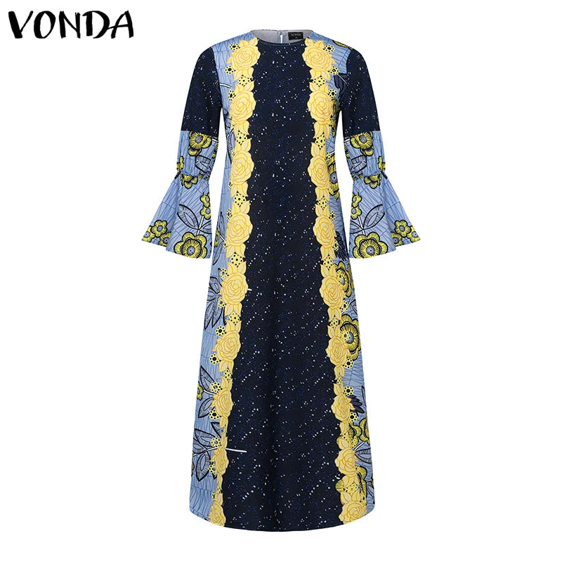Plus Size VONDA Bohemian Women Flared Long Sleeve Maxi Dress Casual Vestidos Round Neck Loose Print Sundress Ruffles Long Robes