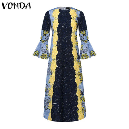 Plus Size VONDA Bohemian Women Flared Long Sleeve Maxi Dress Casual Vestidos Round Neck Loose Print Sundress Ruffles Long Robes
