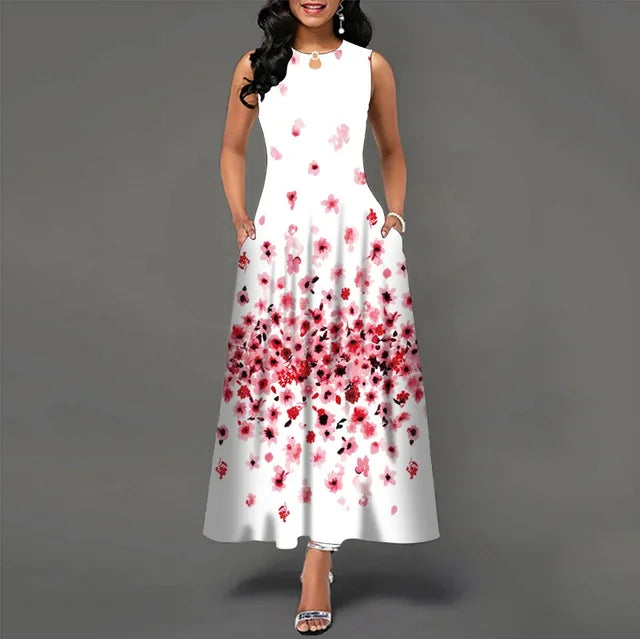 Women's V-neck Sleeveless Long Dress Retro Bohemian Dresses Floral Print Swing Casual New 