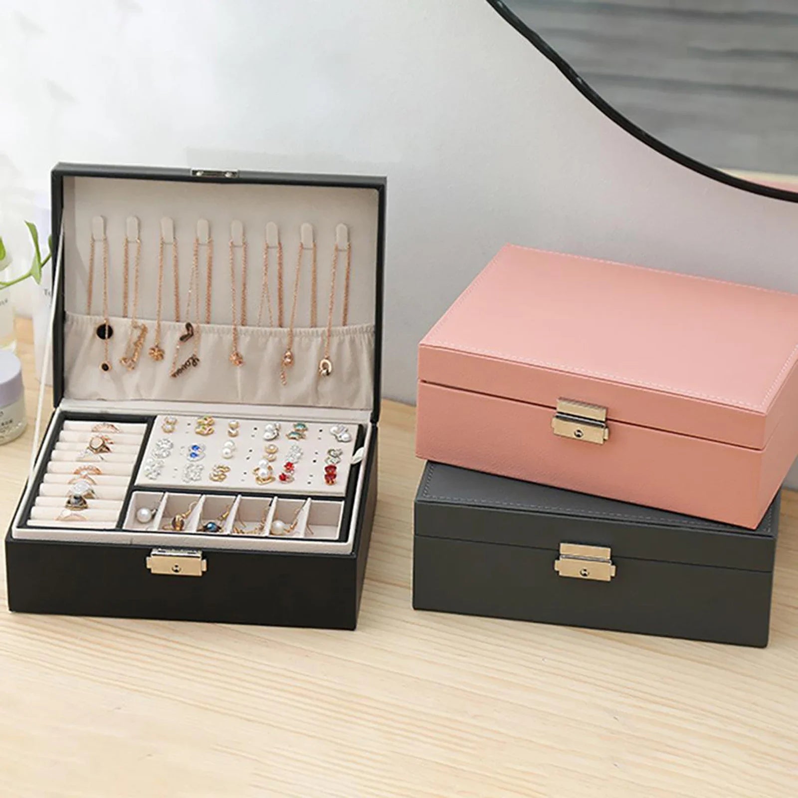 Portable Jewelry Box Jewelry Organizer Display Travel Jewelry Case Boxes Button Leather Storage Zipper Jewelers Display Holder