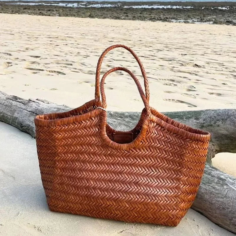 French Leather Woven Bag Fashion Simple Basket Bag Retro Advanced Handmade Bag New Versatile Commuting Women's Shoulder Handbag