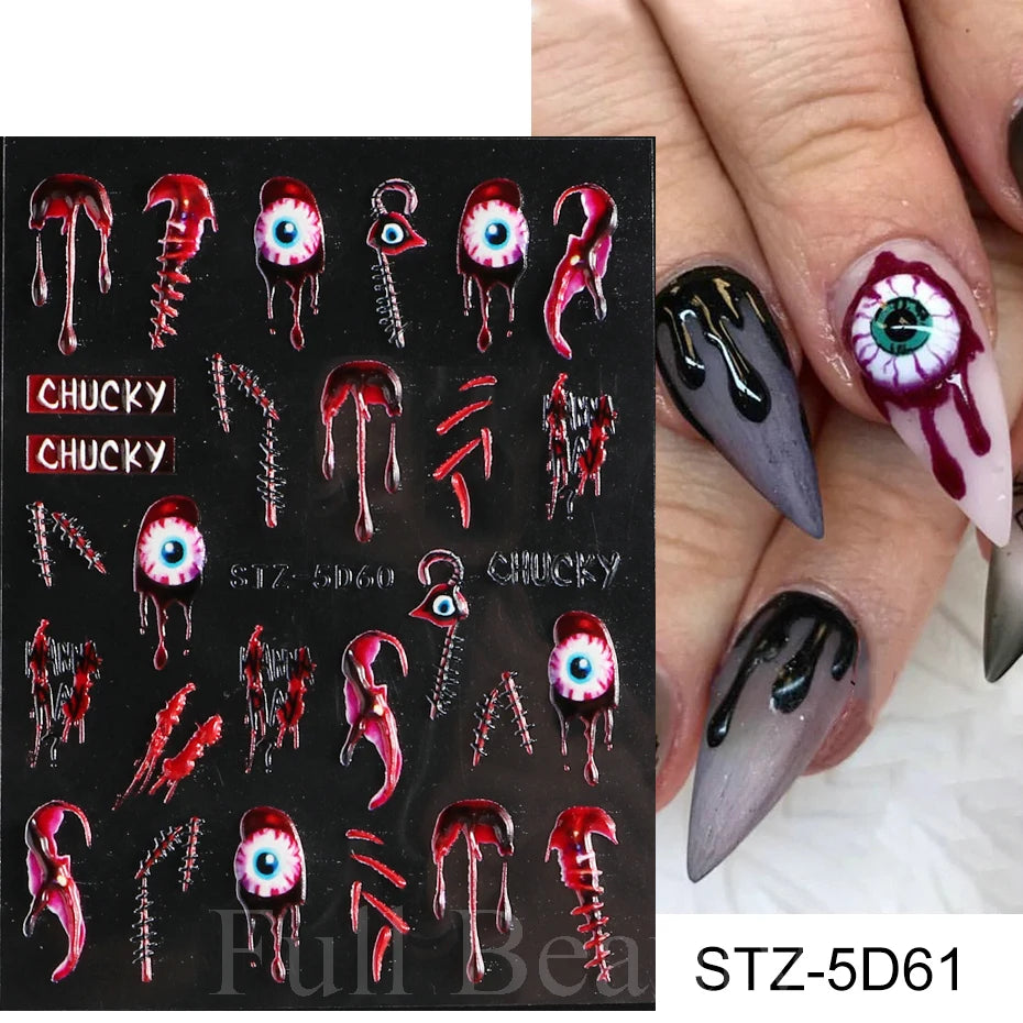 Cinturón negro 5D pegatinas en relieve gótico Halloween estilete calabaza calavera telaraña cremallera manicura uñas gel autoadhesivo decoración