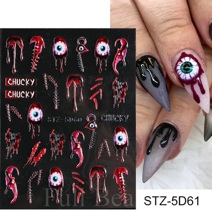 Cinturón negro 5D pegatinas en relieve gótico Halloween estilete calabaza calavera telaraña cremallera manicura uñas gel autoadhesivo decoración