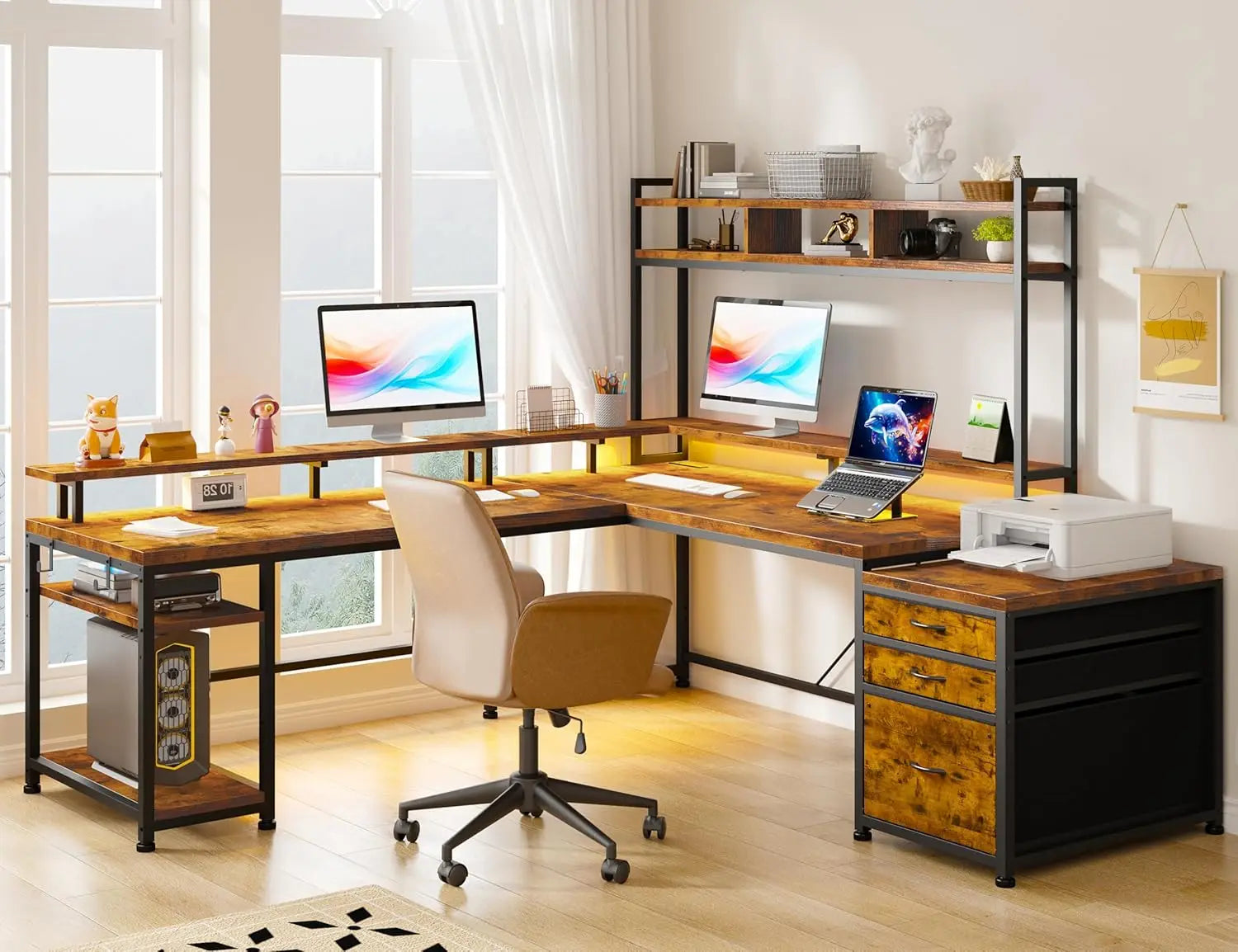 Escritorio para juegos en forma de L EnHomee con cajones, reversible, de 167 cm, para oficina en casa, con luz LED y tomas de corriente, color blanco.