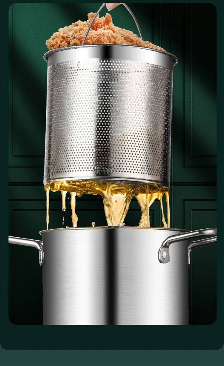 LMETJMA 3L Deep Fryer Pot Stainless Steel Frying Pot With Mesh Steamer Basket Japanese Tempura Fryer Pot with Lid and Tong JT230