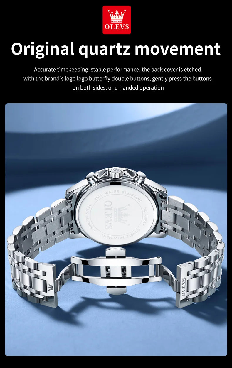 OLEVS 3653 Mens Watch Quartz Watch Multifunctional Chronograph Watch For Men 30M Waterproof Luminous Moon Phase Box Original