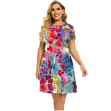 Women's Plant Flower Print Dress Short Sleeve Loose A-line Dress O-neck Casual Dress Plus Size Summer 