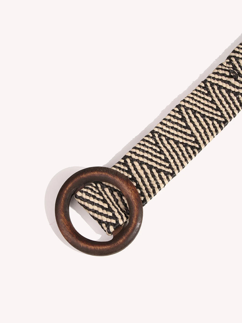 Ladies Round Dark Wooden Buckle Pp Straw Woven Elastic Belt Versatile Summer Fashion Bohemian Style Geometric Pattern