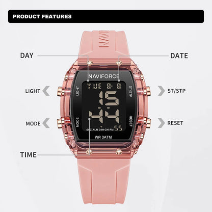 Relojes NAVIFORCE para mujer, con movimiento digital LCD, reloj de moda para mujer, resistente al agua hasta 50 m, correa de silicona, relojes de pulsera deportivos electrónicos.