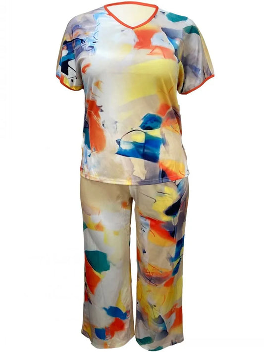 2 Piece Women Sets 2024 New Arrival Plus Size Summer Matching Sets Print Two Pieces Sets Top Pants Suits Outfits Clothing