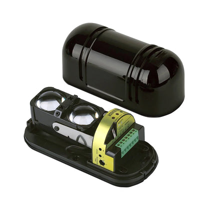 Detector de infrarrojos antilluvia de dos haces con alarma y sensor, distancia de detección de 150 m para seguridad en exteriores.